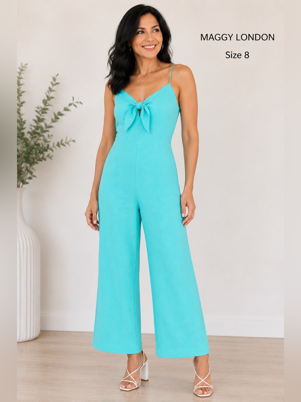 DONNA MORGAN For Maggy London  aTie Front Linen Blend electric green Jumpsuit/L